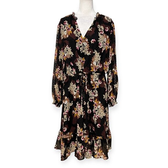 NWT Estelle Black Floral Swiss Dot Chiffon Dress 2X AUS 18 Sheer Ruffle Hem Boho - Picture 1 of 13